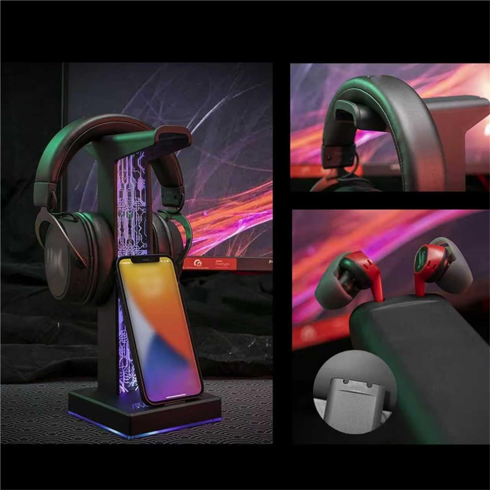 Generico Soporte Acrílico For Auriculares Gaming, RGB, con Puerto De Audio USB/3,5 Mm, 10 Modos De Luz, Ideal For Gamers, Hombres Y Amantes De La Música.(Black)
