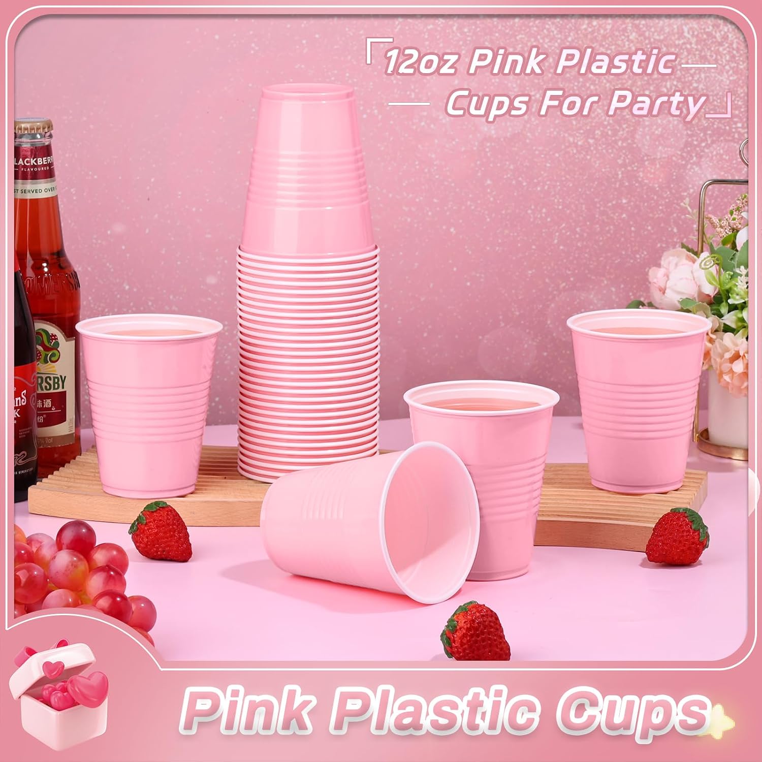 100 Pack 12 oz Disposable Pink Plastic Cups, Heavy Duty Drinking Cups image 4