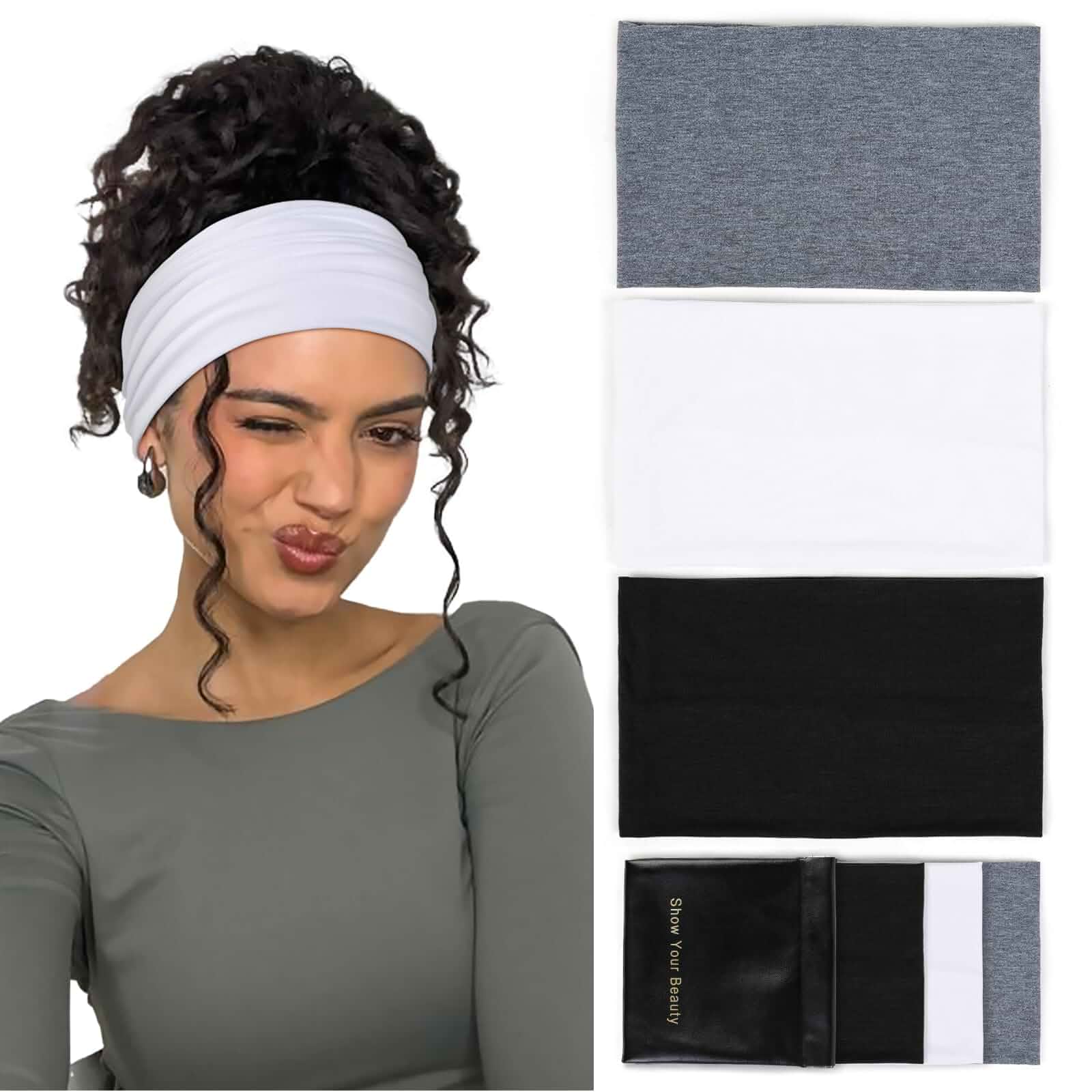 Huachi Wide Headbands for Women Non Slip 6 Inch Thick Stretchy Head Bands Soft Elastic Hair Bands for Women's Hair, Cotton Spandex Sweat Headband for Workout, Running, Yoga & Everyday Wear