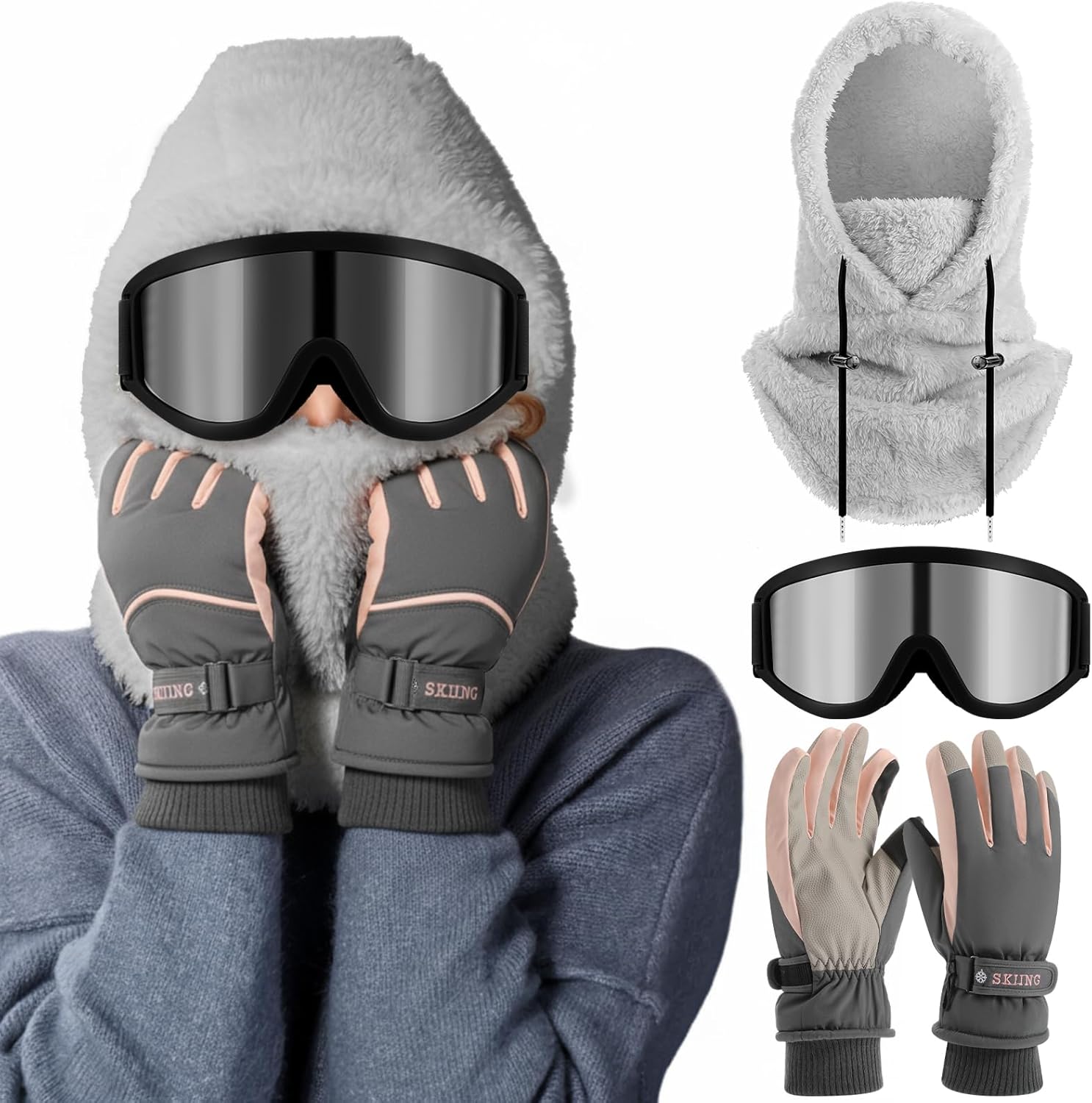 3 Pcs Winter Ski Full Face Neck Mask Gloves Goggles Set Breathable Warmer Touchscreen Women Men Riding