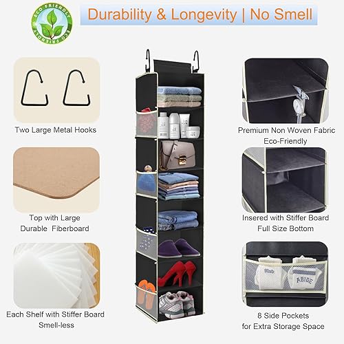 Miniatura 5 de Paquete de 2 organizadores colgantes de zapatos de gran tamaño, 8 estantes, organizador colgante de armario con 8 bolsillos laterales, estantes