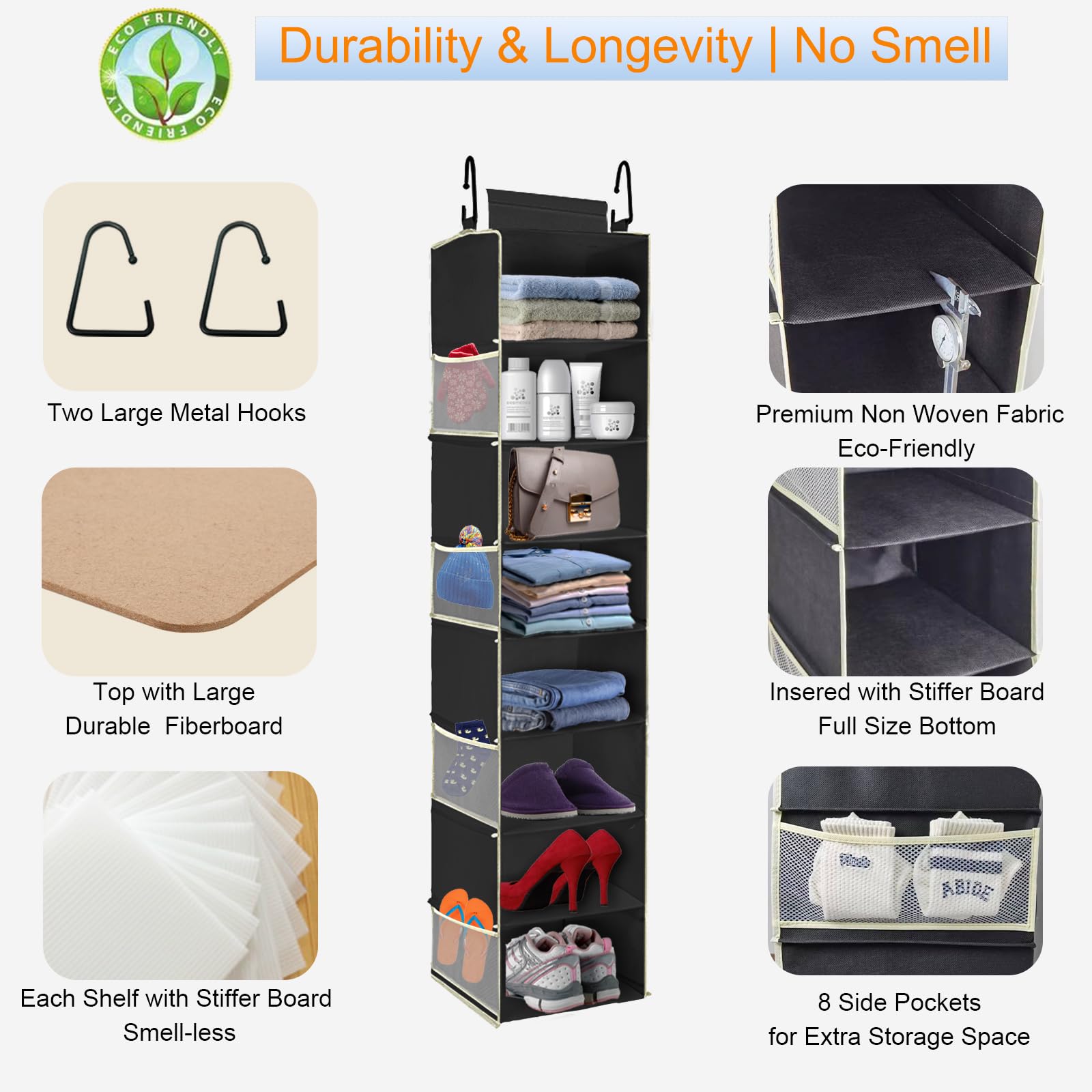 Organizador de zapatos colgante de gran tamaño, 8 estantes, organizador de armario colgante con 8 bolsillos laterales, estantes colgantes más anchos para guardar zapatos, ropa, 9 pulgadas de