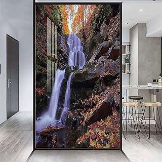 Orange Green Brown Static Cling Non-Adhesive Glass Film Mountain Waterfall Autumnal Forest Opaque Static Cling Heat Control Door Sticker Outdoor 23.6Wx47.2L-inch