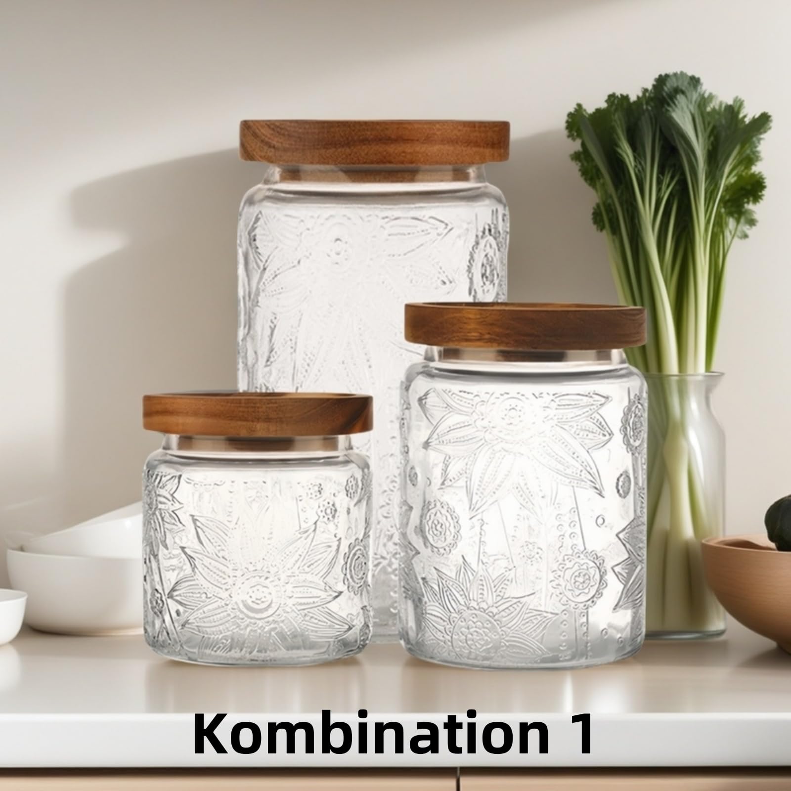 1/3Stück Vorratsgläser, 260ml-2200ml Luftdichte Glasbehälter, Vorratsdose Glas mit Holzdeckel Geprägtes Glas Küche Vorratsdosen (orbicular, je 1 von 3 Größen)