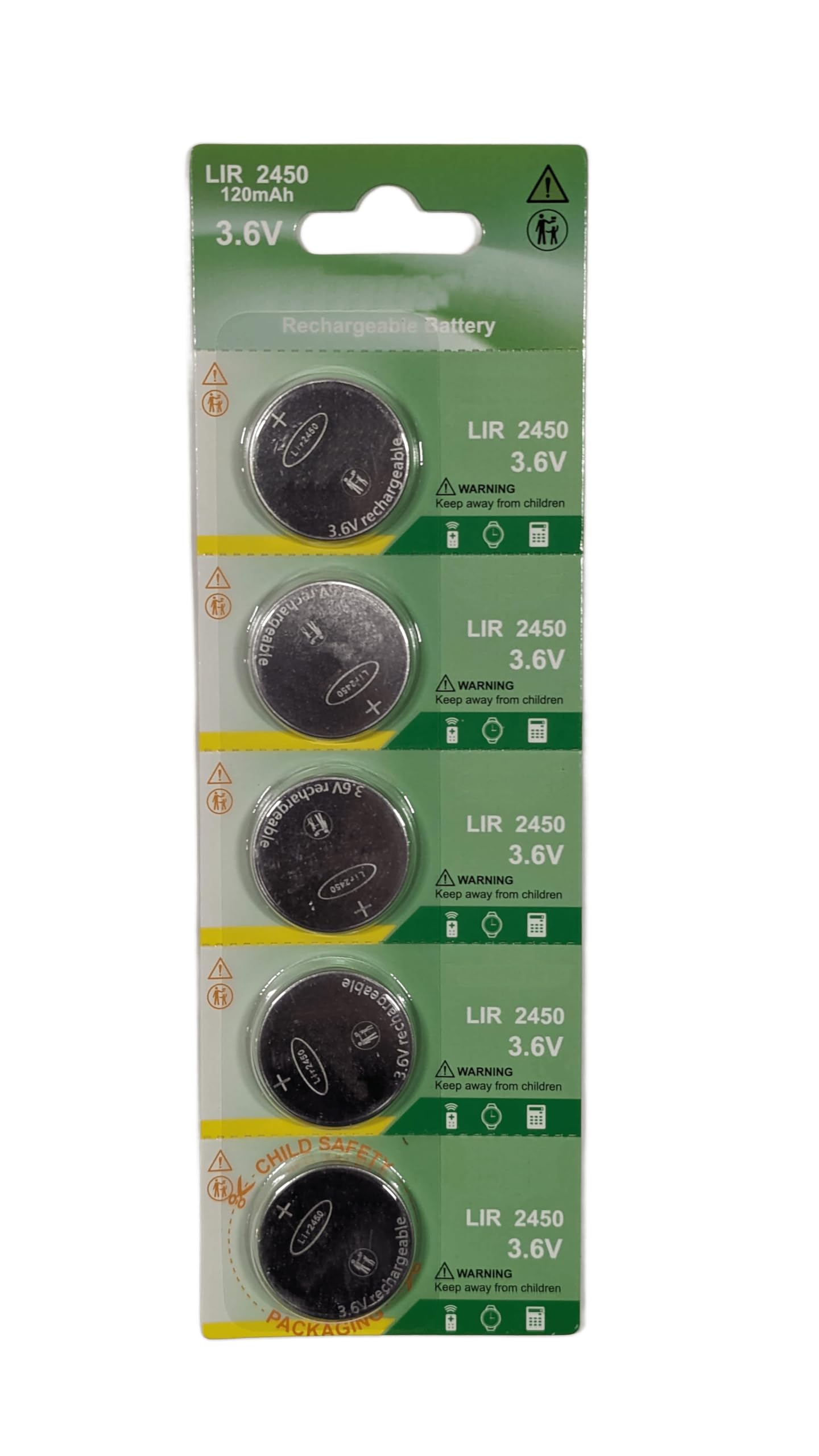 5-Pcs LIR2450 Li-Ion Battery for LIR-2450 Solar Flashlight, Miller Digital Elite Helmet, Clock