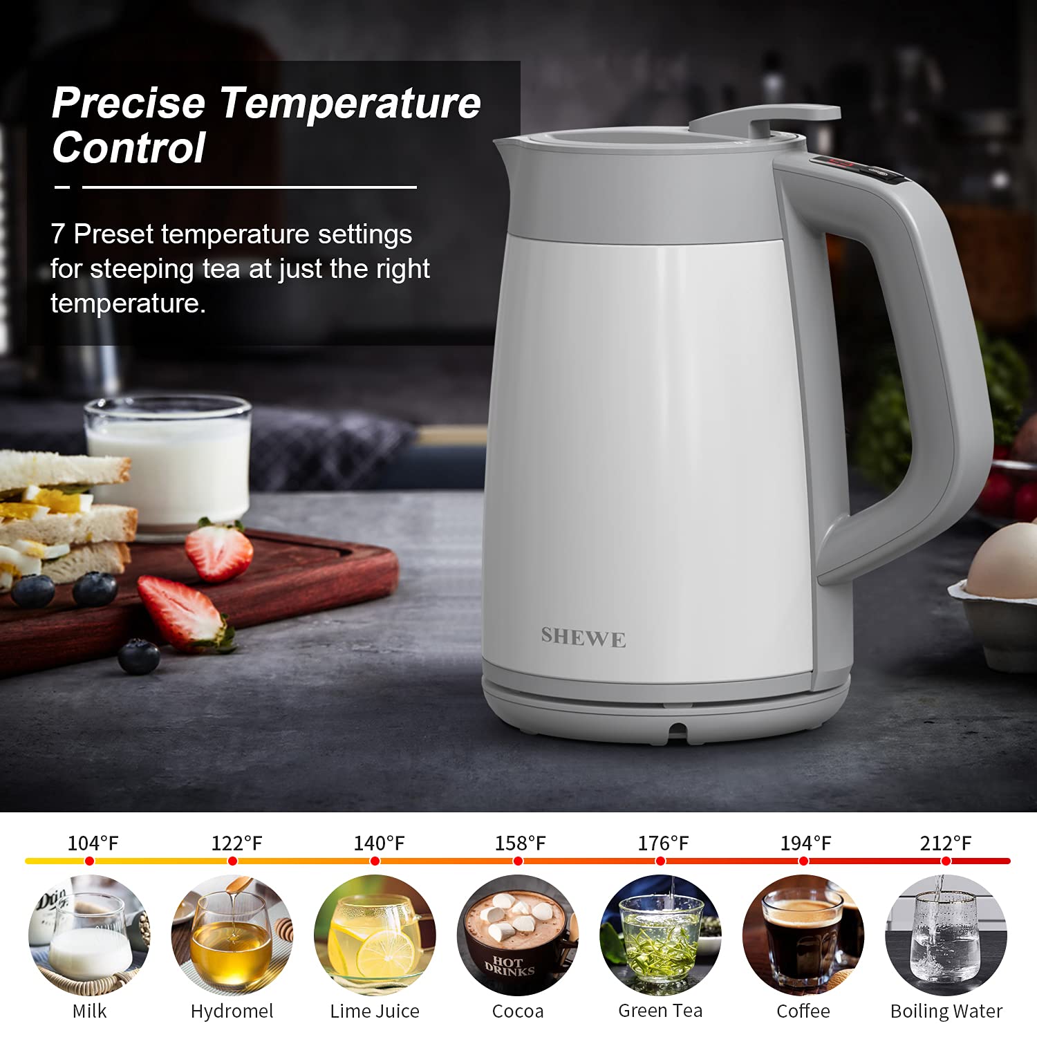DMS® Digitaler Wasserkocher DW-1-1,5L Kapazität, 2200W, Temperaturregelung (40°C-100°C), Warmhaltefunktion, LED-Display, Edelstahlgehäuse, Sicherer Trockenlaufschutz, BPA-frei