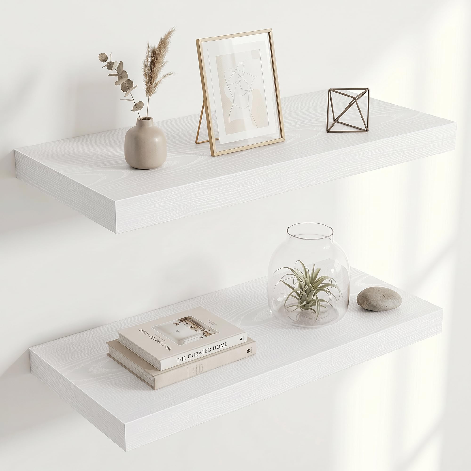 Acovy 25cm Extra Deep Floating Shelves, 60cm Long Wooden Wall Mounted Shelf, Wall Shelves for Living Room Bathroom Bedroom Kitchen, White, Set of 2