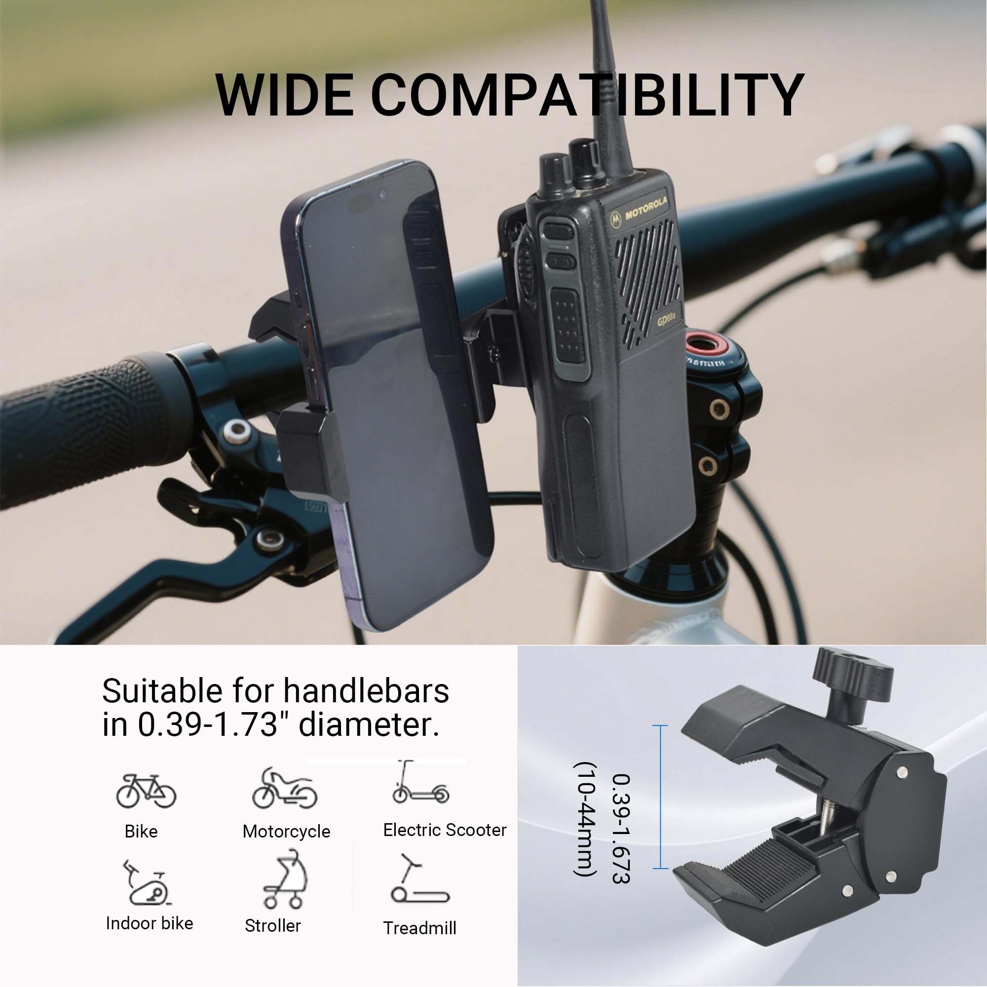 UAYESOK Soporte 2 en 1 para teléfono móvil y walkie talkies para bicicleta, compatible con todos los teléfonos móviles, walkie-talkies y radios aficionados Motorola, Midland y Baofeng