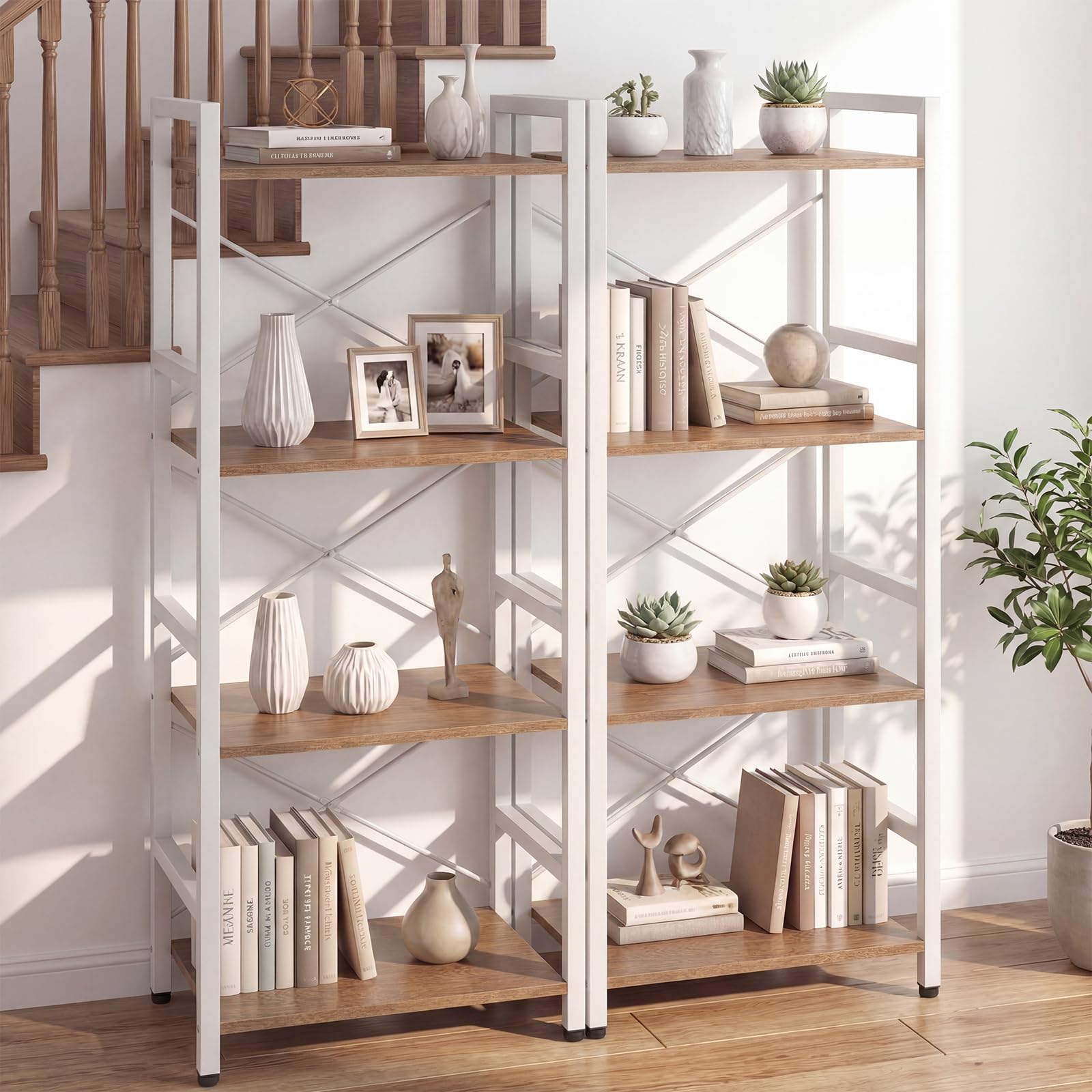 KOMFOTTEU Estantería de 4 Niveles, Librería Vertical con Estantes Abiertos, Mueble Almacenamiento Estrecha con Estructura de Metal y Dispostivos Antivuelco para Salón, 42x28x100cm (Natural y Blanco)