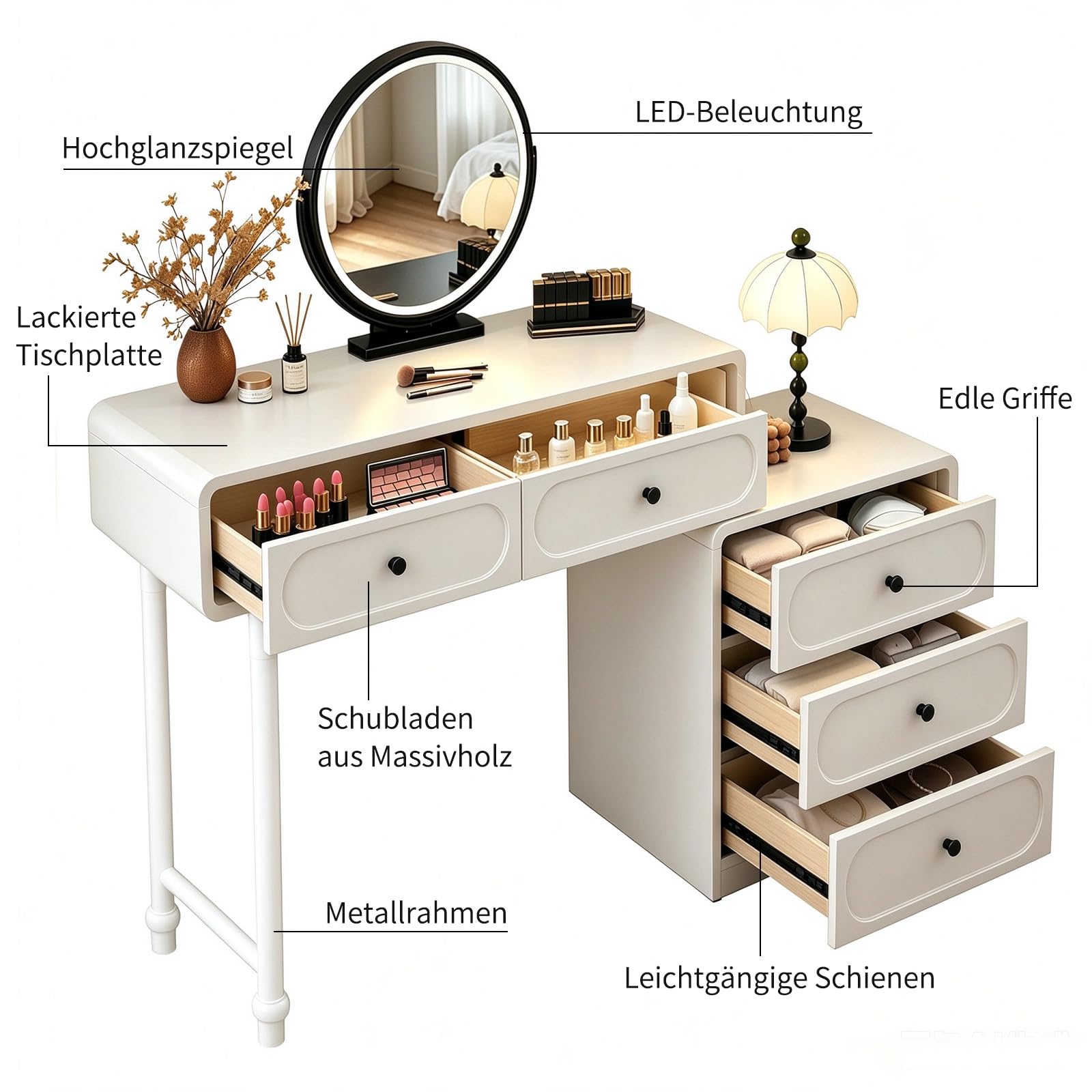 MJKCBD Vintage Schminktisch mit Spiegel & Hocker, Einfach zu Montieren