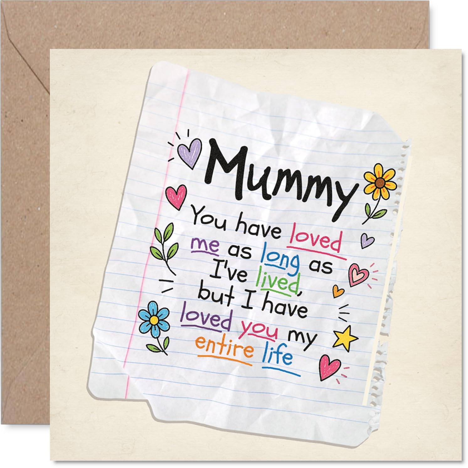 Sentimental Birthday Card for Mummy - Bursting with Love from Your Little One - Colourful Notebook Doodles and Heartfelt Words, Mother's Day - 145mm Square, Envelope Included