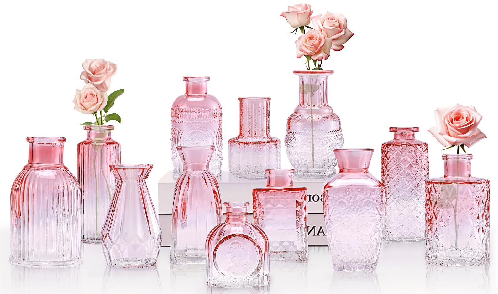 Blcculi Glass Bud Vases Set of 12,Pink Bud Vases in Bulk,Small Flower Vase for Centerpieces,Glass Vintage Bottle for Rustic Wedding Decorations,Mini Single Bud Vase for Home Wedding Table Decor