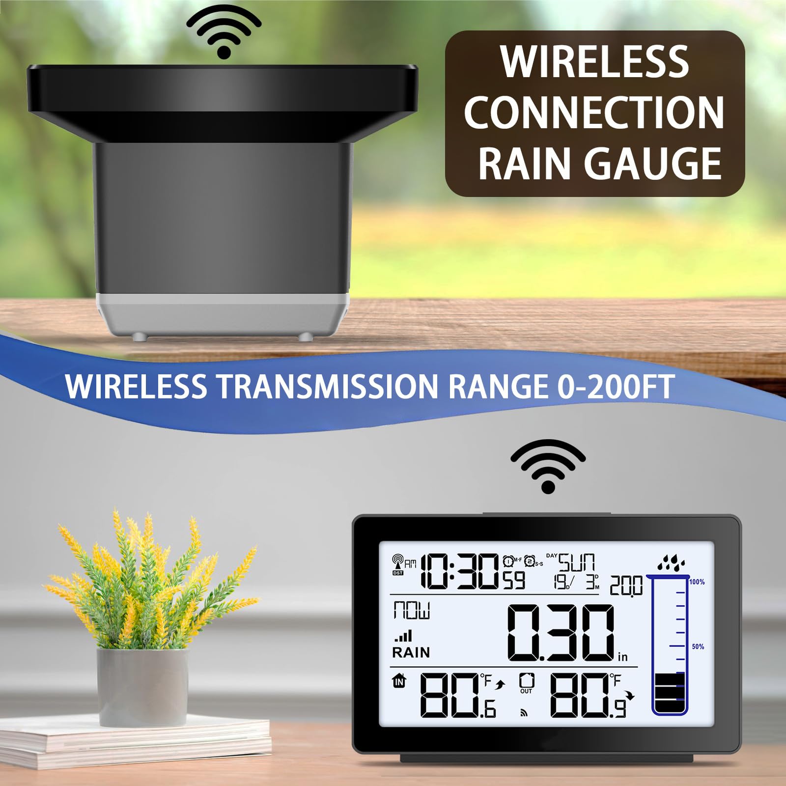 Pluviomètre numérique sans fil pour l'extérieur, auto-vidage pour l'extérieur, jauge de pluie électronique pour cour, jauge de pluie anti-gel avec thermomètre, compteur de pluie à distance pour jardin