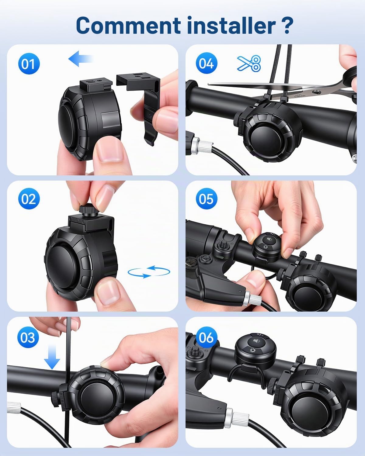Klaxon de vélo – Télécommande sans fil, klaxon de vélo électrique puissant de 120 dB, sonnette de vélo pour 6 modes sonores, étanchéité IPX5, chargement de type C, klaxons de vélo pour adultes