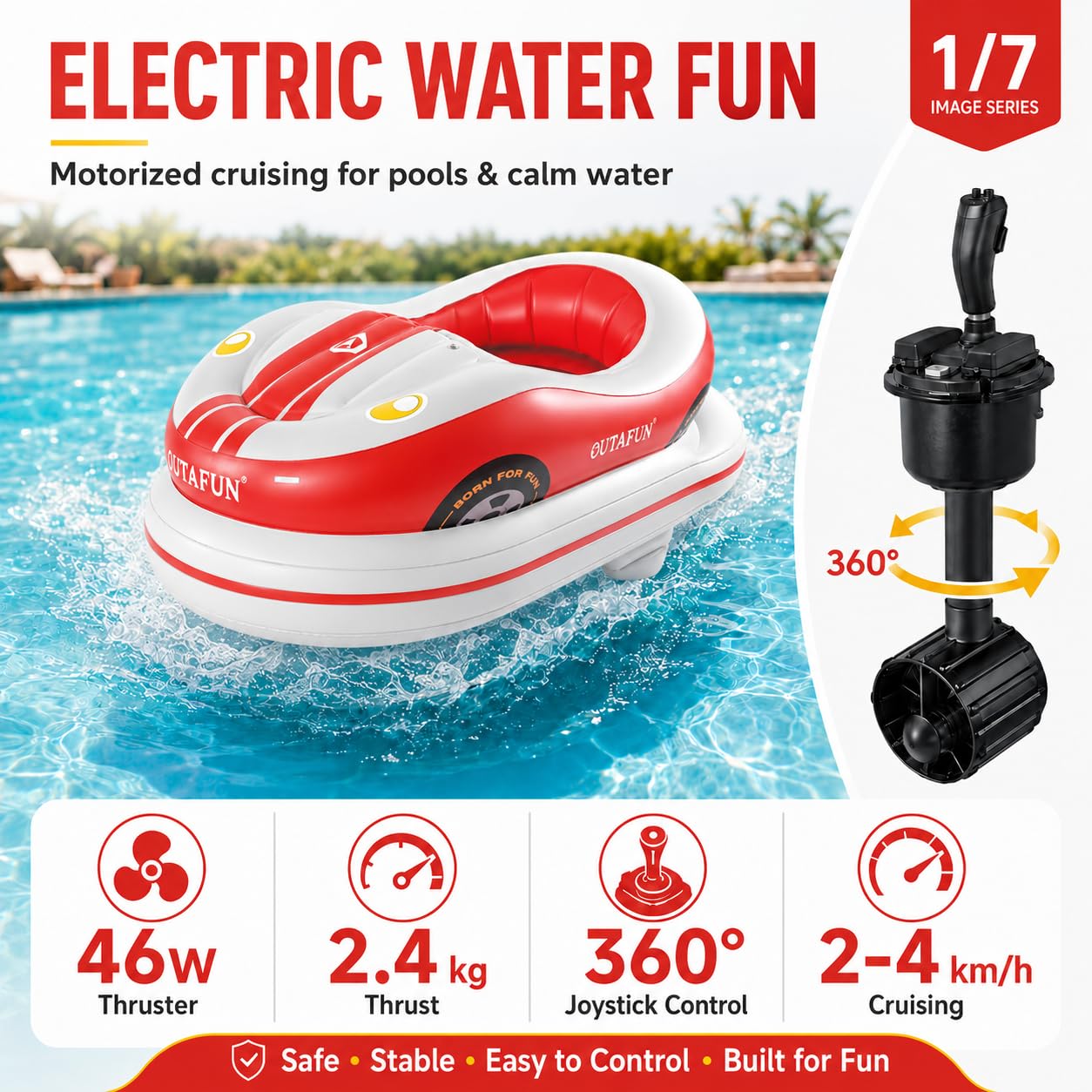 Elektrisches aufblasbares Wasserboot, motorisierter Float für Erwachsene Red | Einfache Richtungssteuerung, stabile Konstruktion, komfortabler Cockpitbereich, tragbares Zubehör, Pool Freizeitspaß