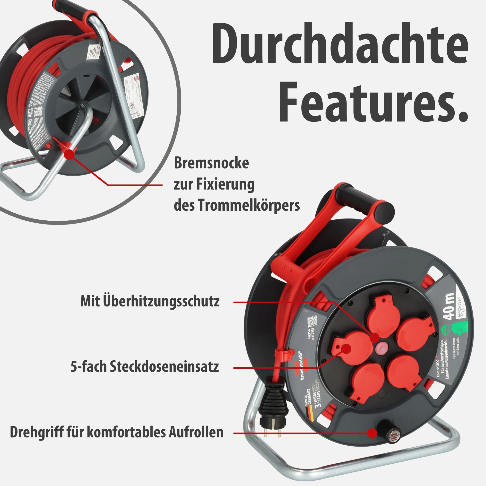 Brennenstuhl Kabeltrommel 300 KU 4110 40m outdoor IP44 (Made in Germany, 5 Schutzkontakt-Steckdosen, Überhitzungsschutz, kurzfristiger Einsatz im Außenbereich)