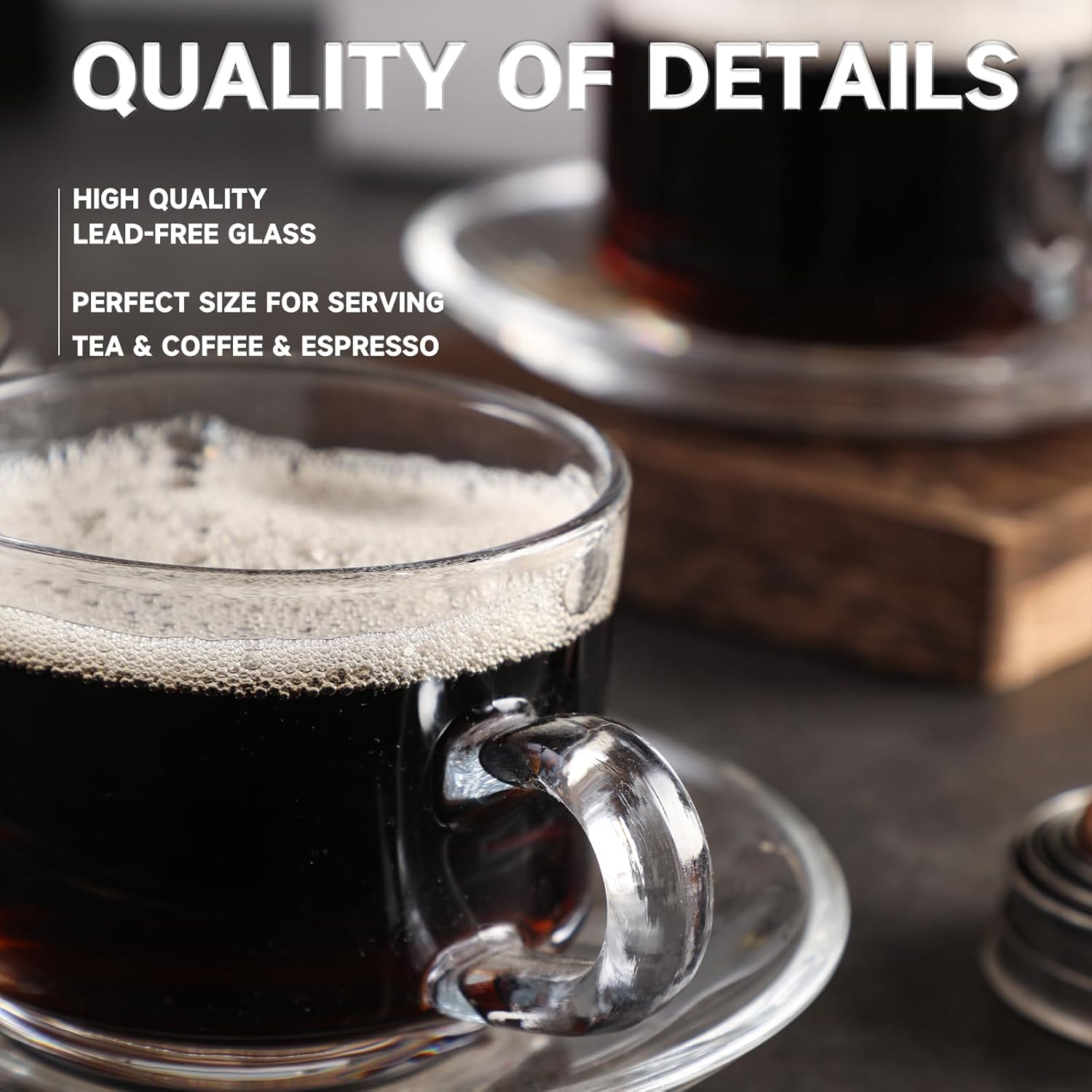 Glass Tea Cups and Saucers Set of 6, Clear Coffee Mugs with Stainless Steel Spoon, Dishwasher & Microwave Safe Teacups for Espresso Cappuccino Latte Tea Juice, 6OZ/180ML - Image 8