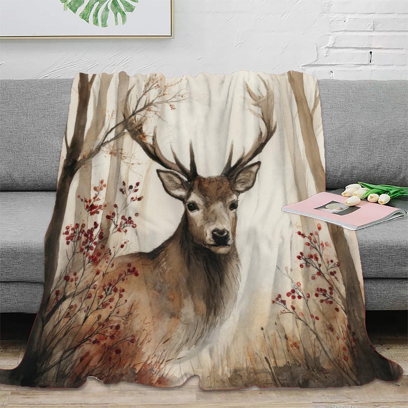 Couverture de Voyage Microfibre 150x200 Jeté de Canapé Cerf Plaid Foret 3D Aquarelle
