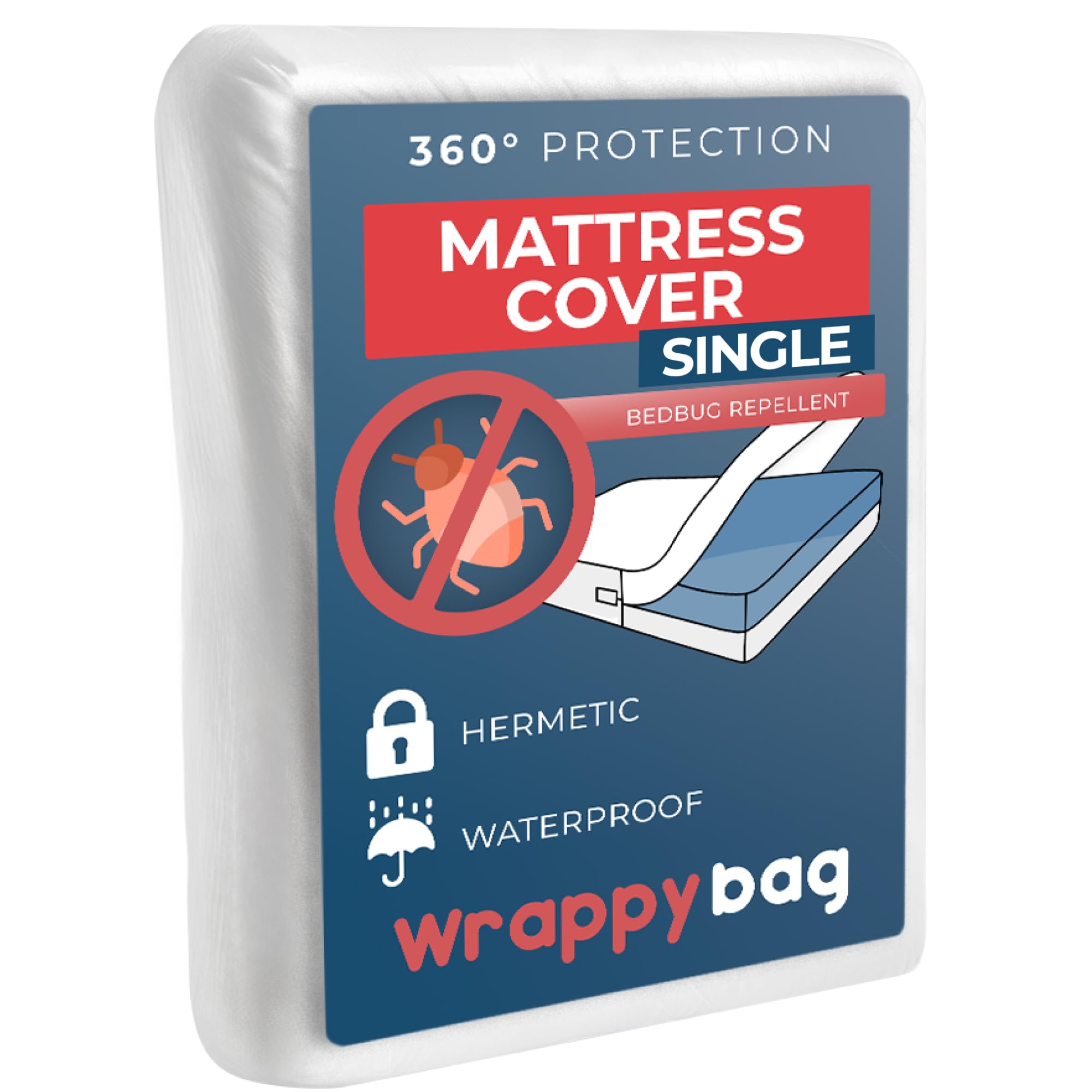 WRAPPYBAG Full Waterproof Mattress Protector - Full-Encasement Anti-Bed Bug & Mite Cover – Free from Harmful Substances – for Mattress Single 90 x 200 cm – 10 Sizes and Heights Available