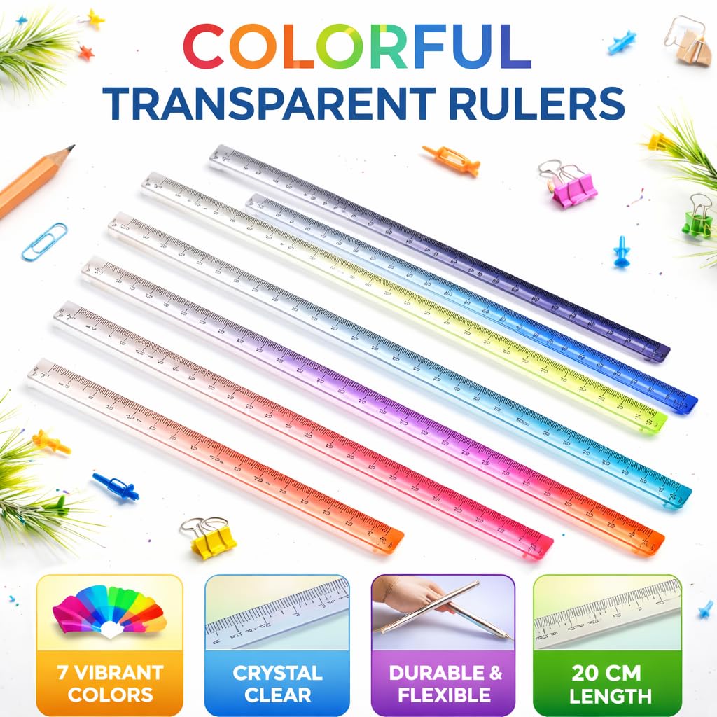Radiance™ 2 Pcs 3D Cube Square Scale 20cm | Transparent Gradient Ruler for Kids & Adults | Multi-Functional Stationery for School & Office Use (Random Colors) 3