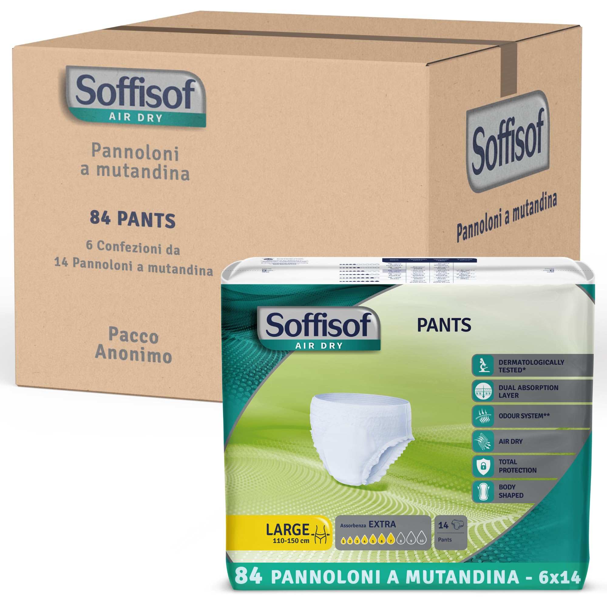 Soffisof Air Dry Pants Extra L - 84x Pannoloni per Anziani a Mutandina - 6 Confezioni da 14 Mutande Assorbenti per Incontinenza Donna e Uomo - Pants Adulti 7 Gocce - Large (110-150 cm)