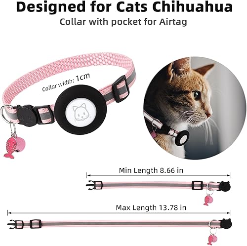 Miniatura 7 de Airtag Collar para gato, collar de gato con campana y hebilla de seguridad en 38 pulgadas de ancho, collar reflectante con soporte impermeable para