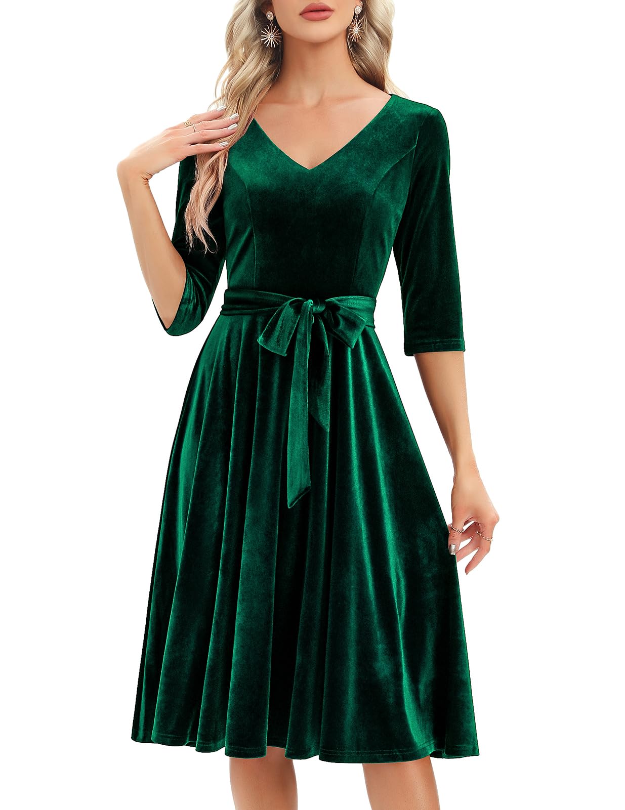Bbonlinedress Robe Femme Mi Longue de Cocktail Soirée Bal Cérémonie Pin Up pour Fête Mariage Anniversaire avec Manches 3/4 Col V