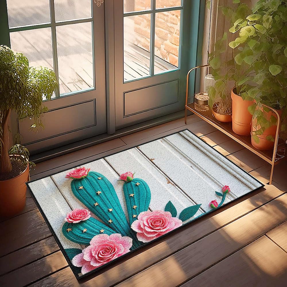 Paillasson d'automne cactus et fleurs roses tapis extérieur bois blanc 65x90cm