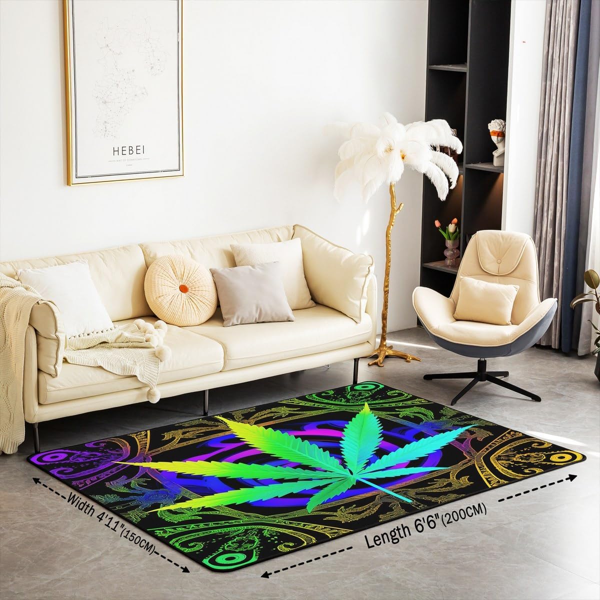 Marijuana Weed Leaf Area Rug 5x7 Cannabis Leaves Living Room Rugs Decorative Carpet Botanical Plants Print Indoor Floor Mat Natural Theme Purple Green Accent Rug