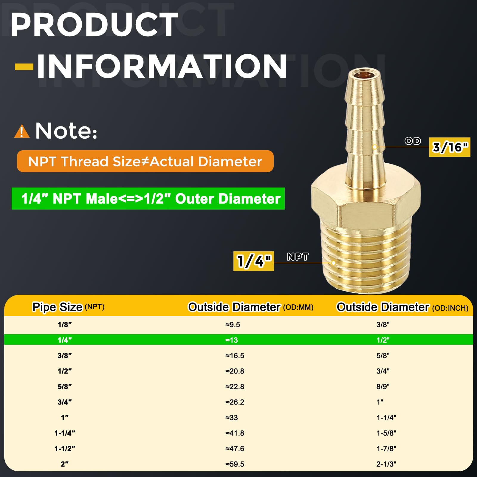 METALLIXITY 6Pcs Brass Hose Barb to NPT Male Adapter 3/16" Barb x 1/4" NPT Male for Automotive Motorcycle, Marine, Truck - Image 2