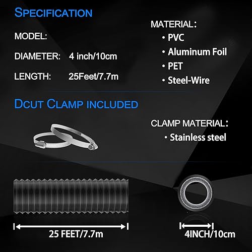 Miniatura 9 de Manguera de ventilación de secadora de 4 pulgadas y 8 pies, conductos de aire aislados flexibles, manguera de ventilación de lámina de aluminio de