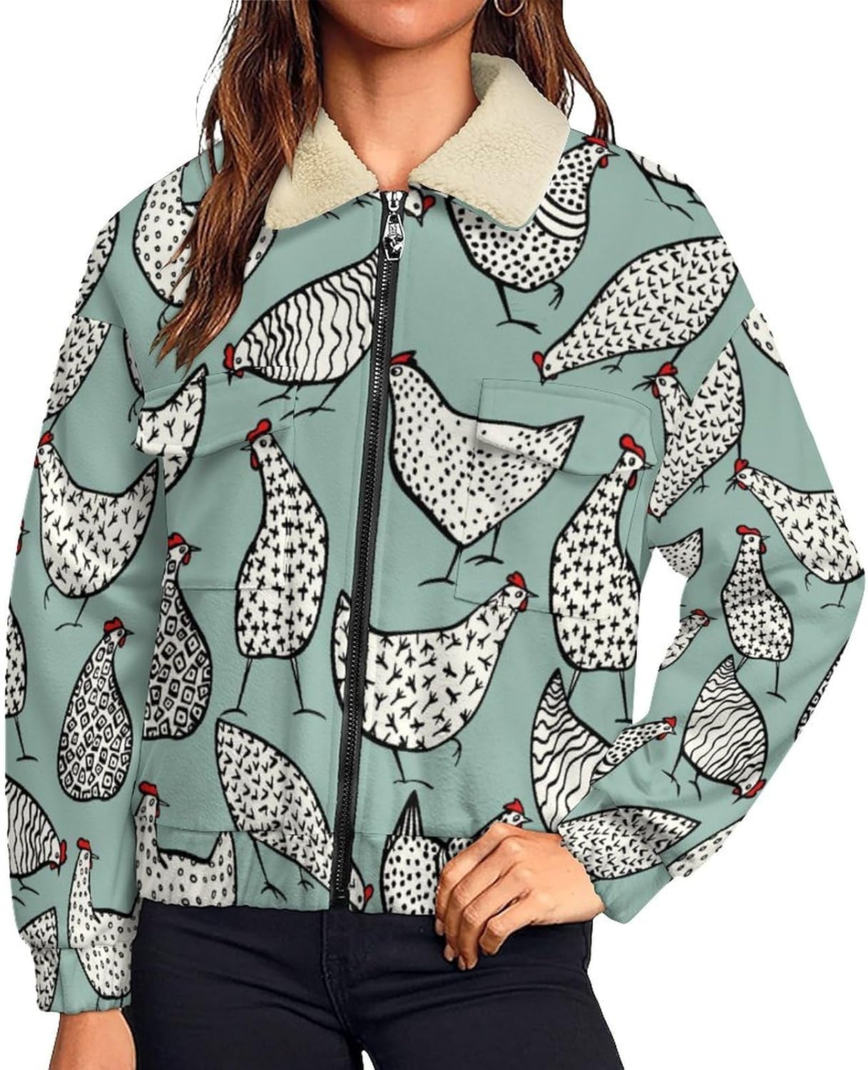 Yellow And White Chicken Jackets Womens Zip Up Sweatshirt Long Sleeve Warm Scrub Jackets Causal Pockets Stand
