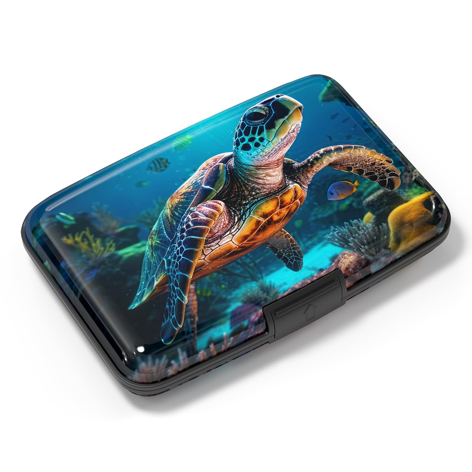 Atufsuat Credit Card Holder, Mini Aluminum Card Wallet RFID Blocking Slim Metal Hard Card Case for Women Men, Turtle