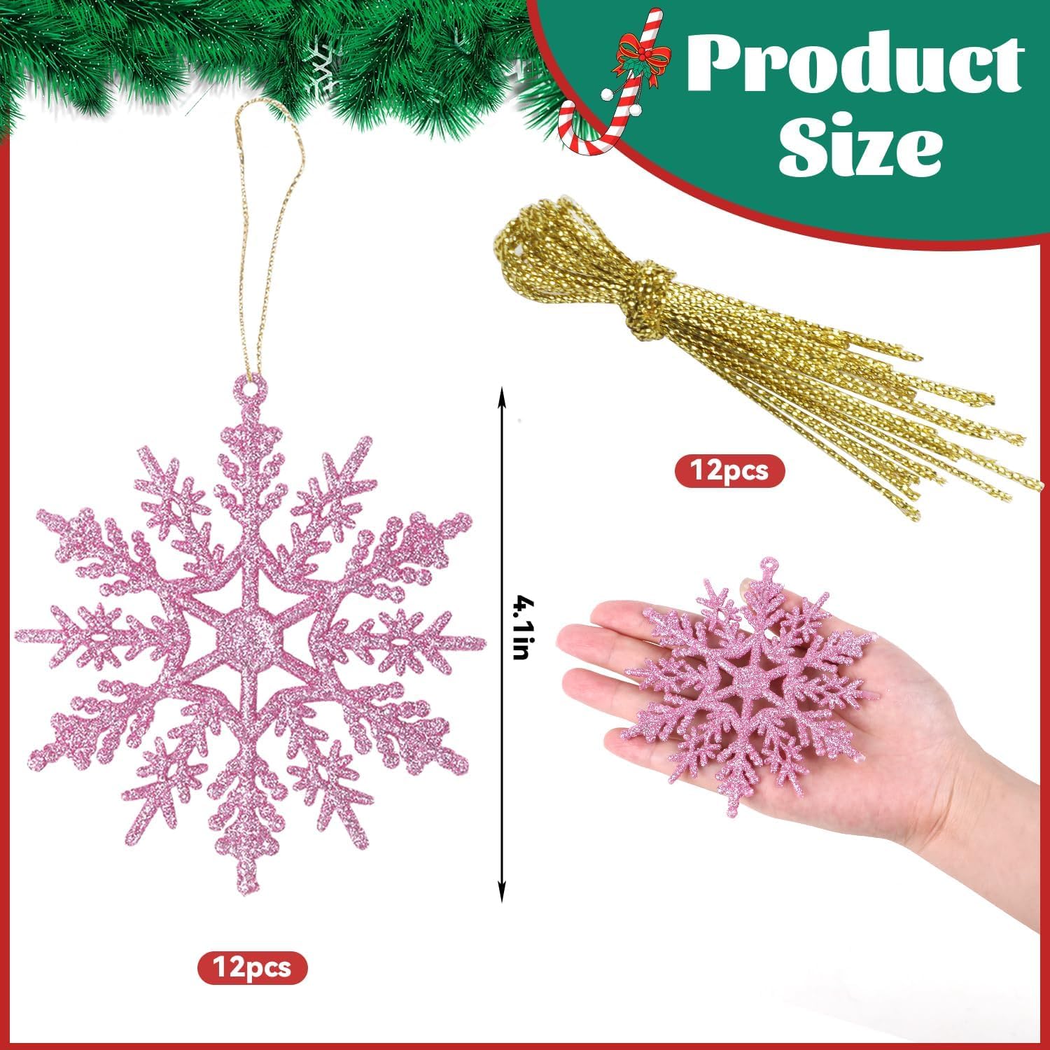 SULOLI 12 Piezas Decoración de Copos de Nieve，Adornos de Copo de Nieve con Purpurina,Colgante de Copo de Nieve，Decoraciones Utilizadas para Colgar en el Àrbol de Navidad, Hogar, Empresa（Rosado）