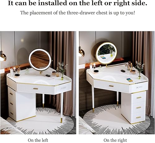 Miniatura 8 de Escritorio de tocador de maquillaje con espejo y luces, escritorio moderno de esquina blanca, escritorio esquinero de gran tamaño, mesa de tocador