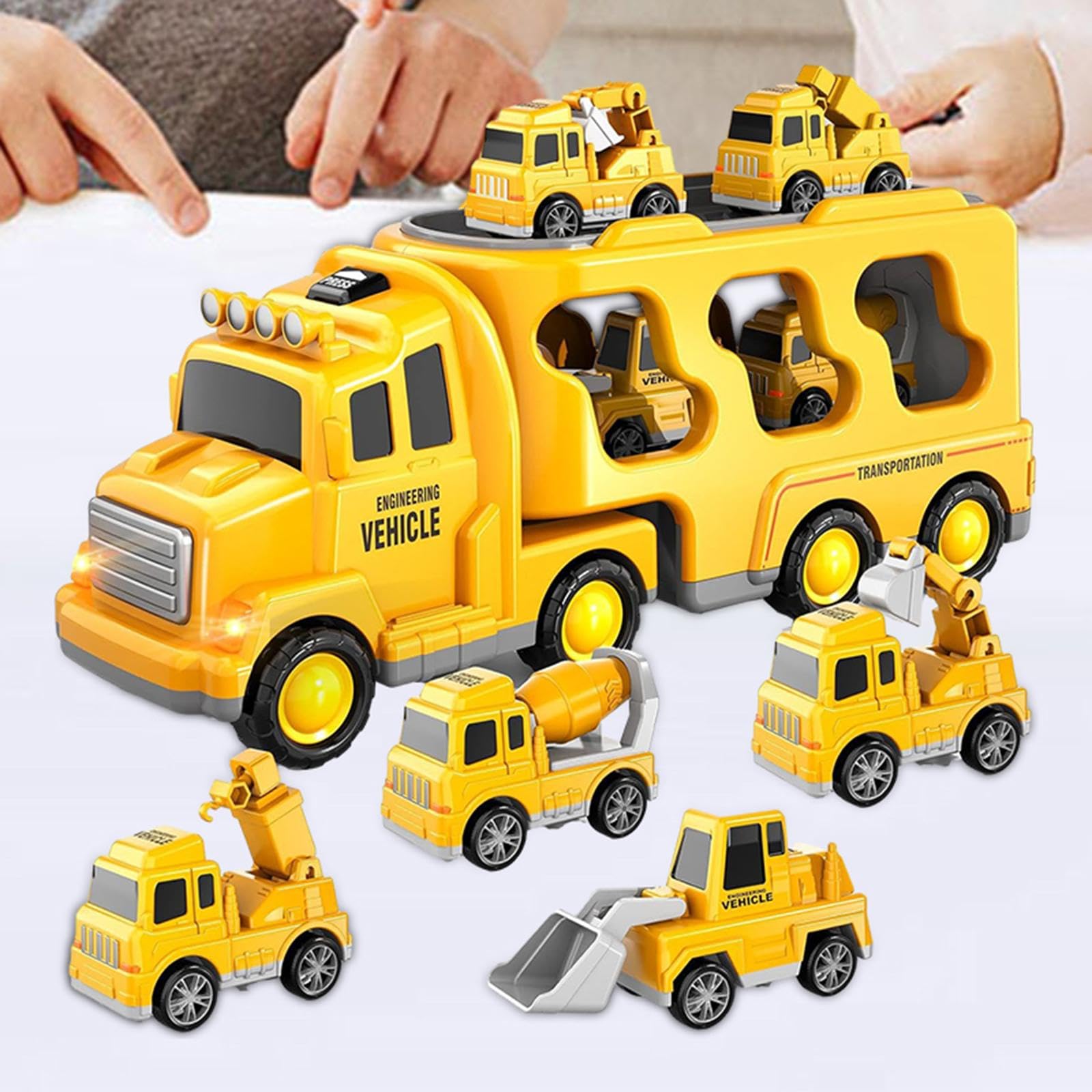 Qianly 7 Stück Feuerwehrauto Spielzeug Set Mini Friktionsfahrzeuge Transporter mit Licht Musik Notfallauto Trägerwagen Diecast Modellautos für Geschenk Kinde, Gelb
