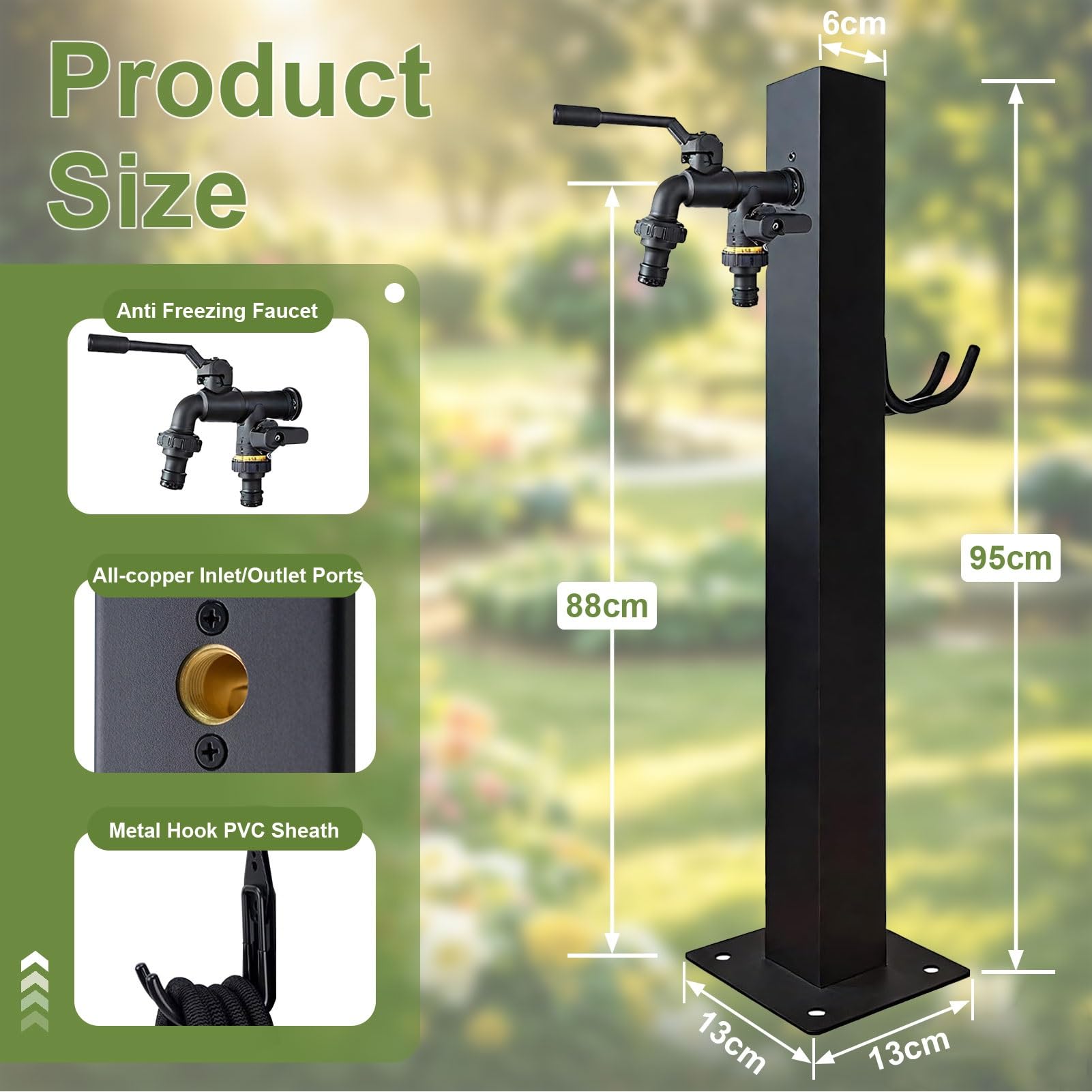 Colonne d'eau de jardin extérieure en acier inoxydable 304 avec double robinet, robinet d'eau autoportant monté au sol pour l'irrigation, le lavage, la ferme et l'arrière-cour(Height: 95cm/37.4in)