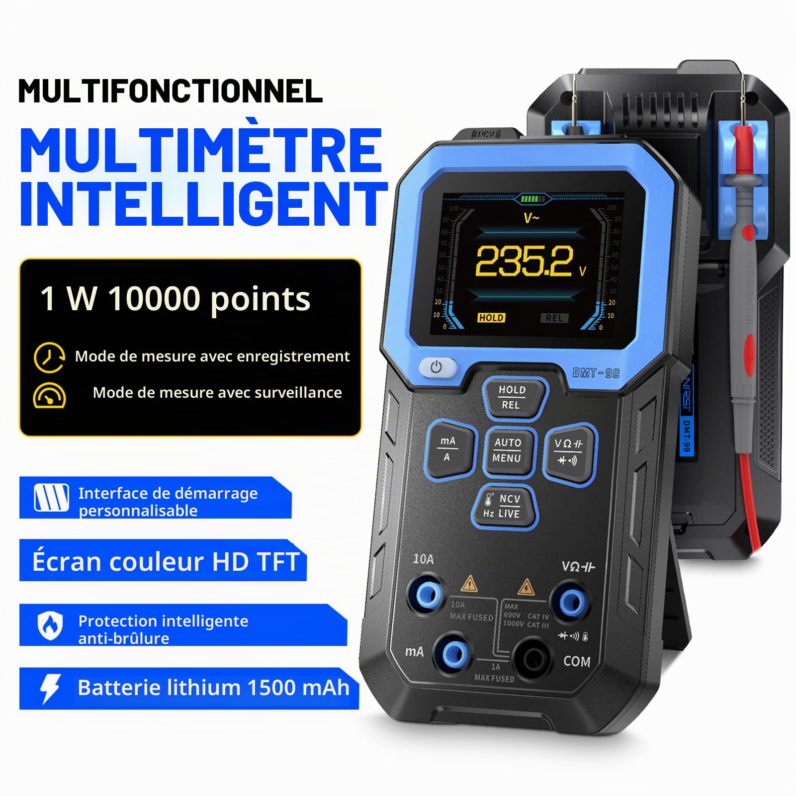 DMT-99 Multimètre Numérique, Multimetre Automatique Multifonctionnel Voltmètre Intelligent 10000 Compteurs Diagnostic Automatique Testeur de Tension Mesure la Résistance AC DC Voltage