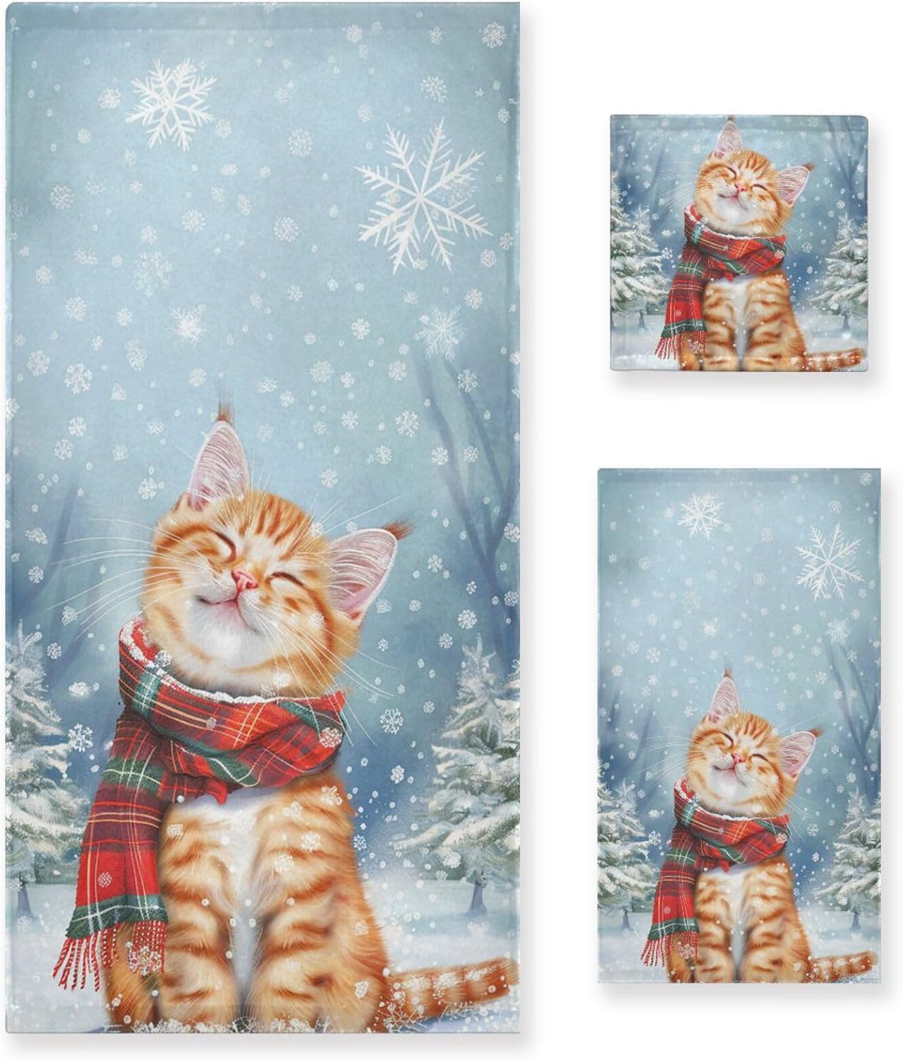 Pfrewn Christmas Winter Towels Set of 3 Cute Cat Wearing Plaid Scarf Bathroom Towel Soft Absorbent Bath Hand Towels Washcloth Guest Towel Sets Xmas Holiday Decor