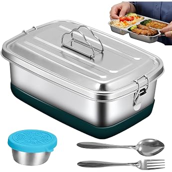 Stainless Steel Lunch Box 2000 ml Double Metal Lunch Box with 3 Compartments Leak-proof Lunch Box with Sealing Ring for School Office & Picnic Durable Portable Lunch Box for Children/Adults