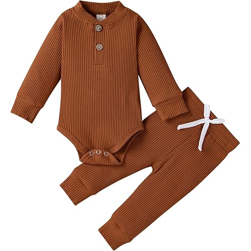 Newborn Baby Boy Girl Clothes Ribbed Knitted Cotton Long Sleeve Romper Long Pants Solid Color Fall Winter Outfits