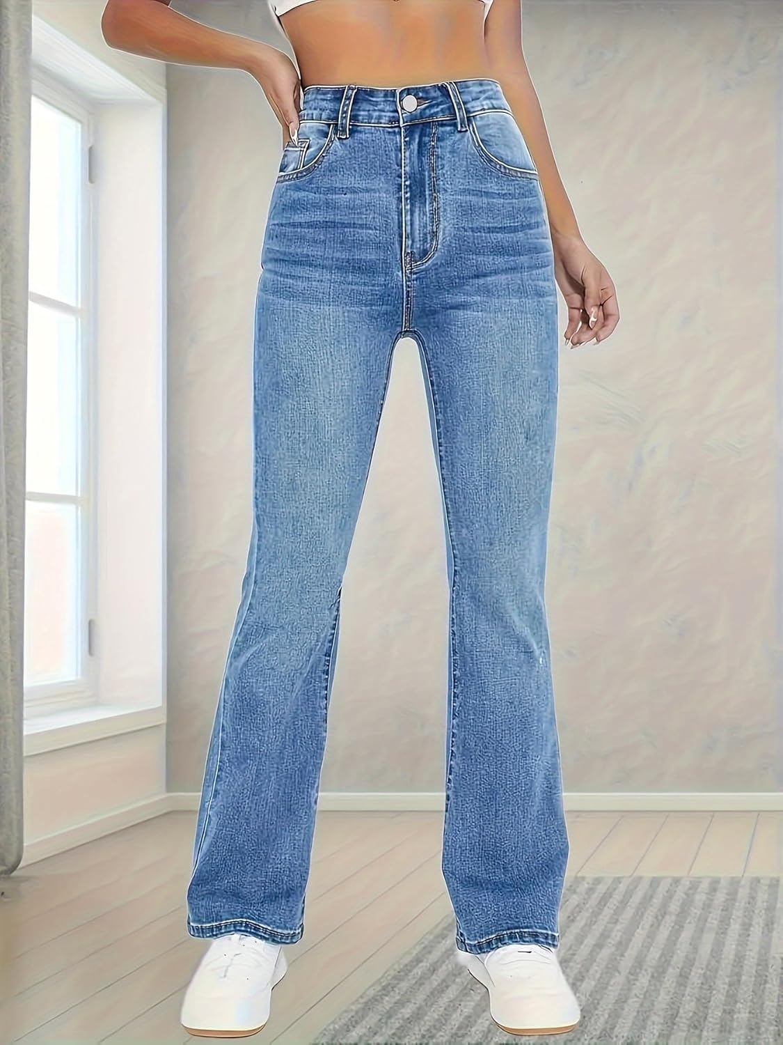 High Waisted Flare Jeans for Women - Stretchy Denim with Tummy Control, Trendy Blue Bell Bottoms (S-XXL) - Image 8