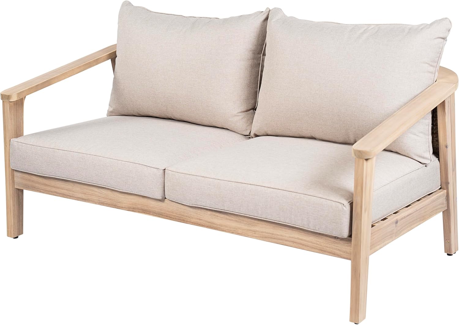 Merax Outdoor Wood and Wicker Loveseat, Light White Finish with Beige Cushion, Acacia Wood 2-Seater Patio Garden Sofa