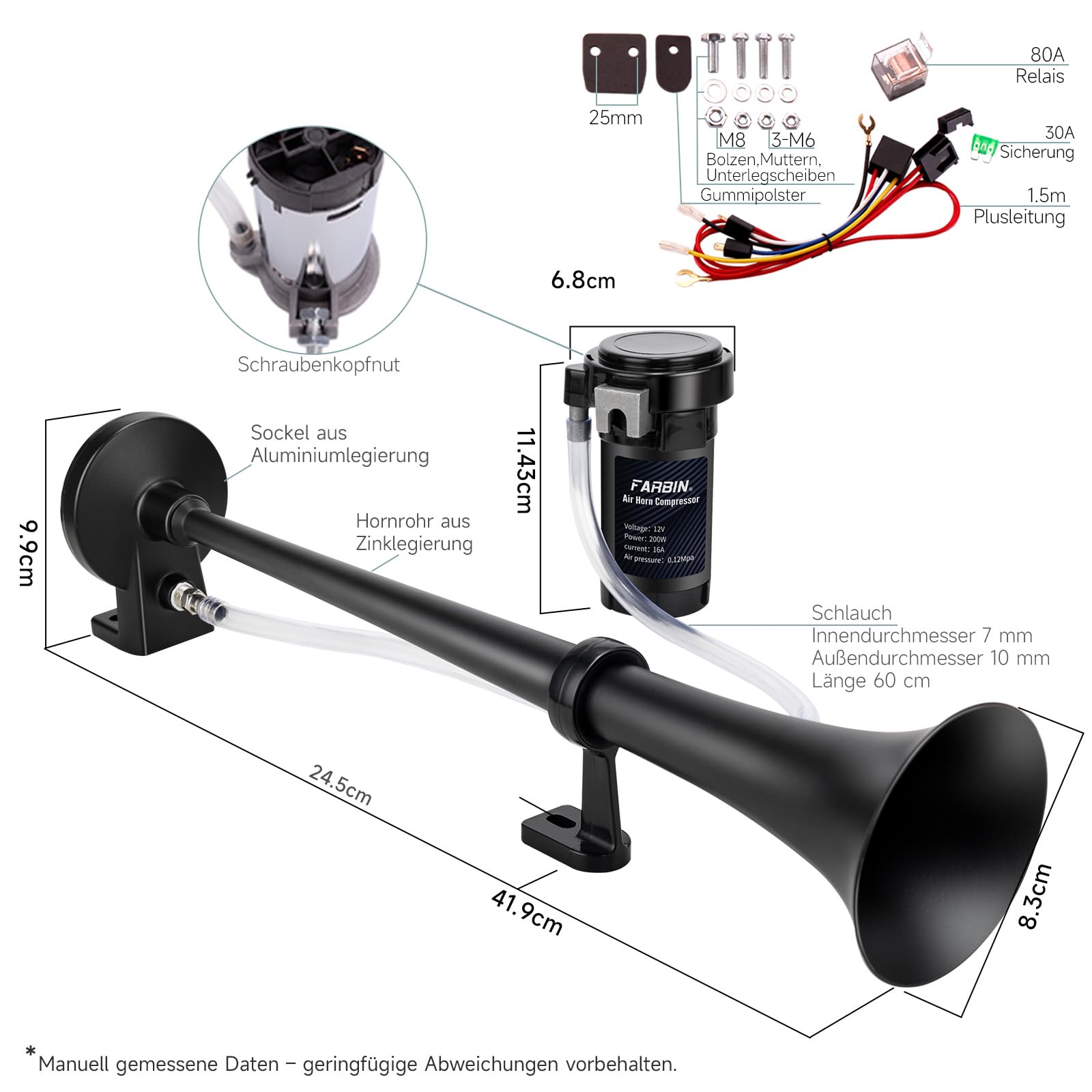 FARBIN Bocina de Aire de 12 V, 150 dB, 18 Pulgadas, Con Compresor para Coche, Camión, Barco, Motocicleta, Tren, Tgv, Claxon