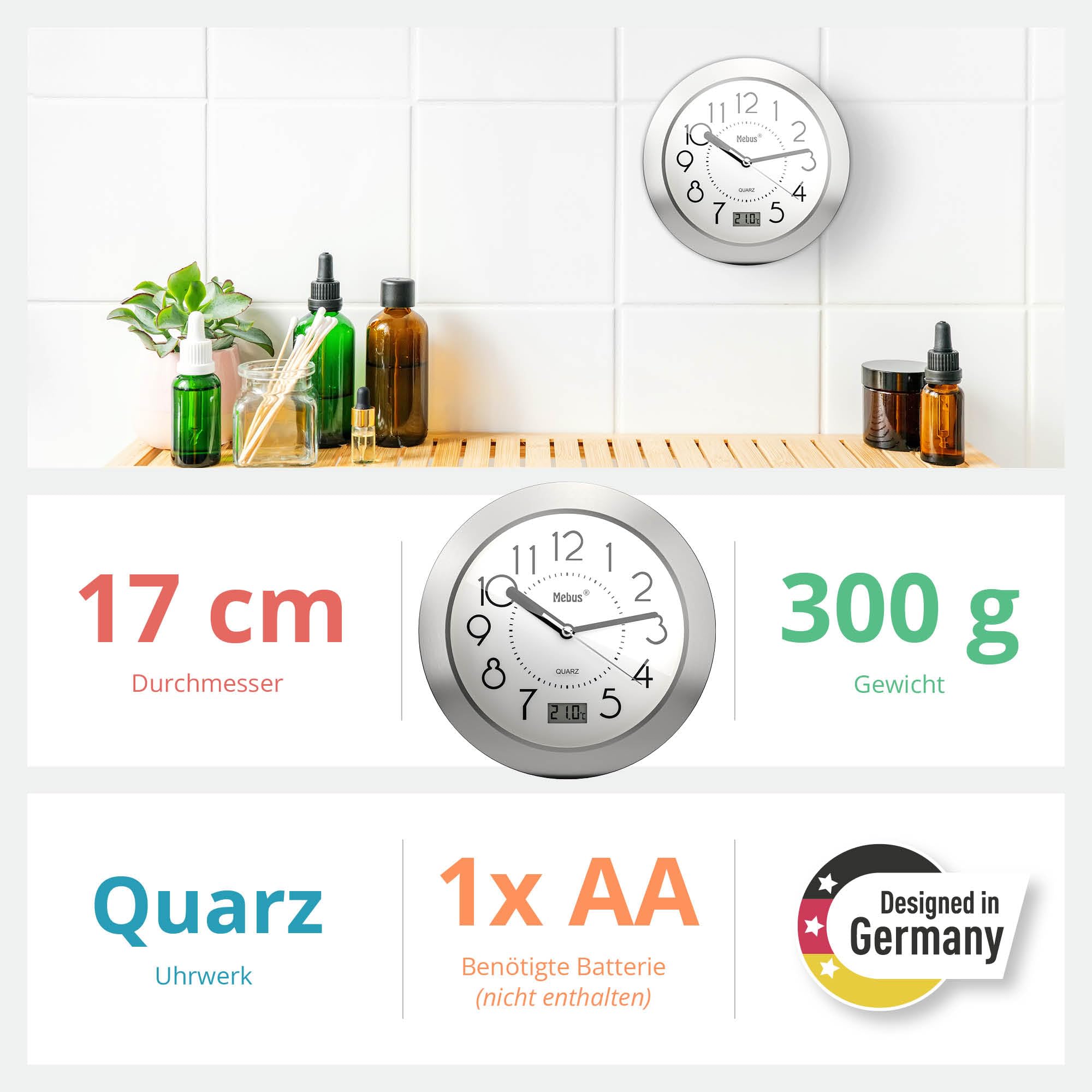 Reloj de baño de Cuarzo con Pantalla Digital, Marco de Aluminio, ventosas, Esfera Blanca, Modelo 41964, preciso y Funcional, Color Blanco