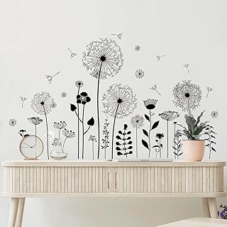 Supzone Wandtattoo Schwarze Löwenzahnblüte Wandaufkleber Blume Fliegender Schmetterling Wandsticker für Wohnzimmer Schlafzimmer Badezimmer Sofa TV Hintergrund Wanddeko