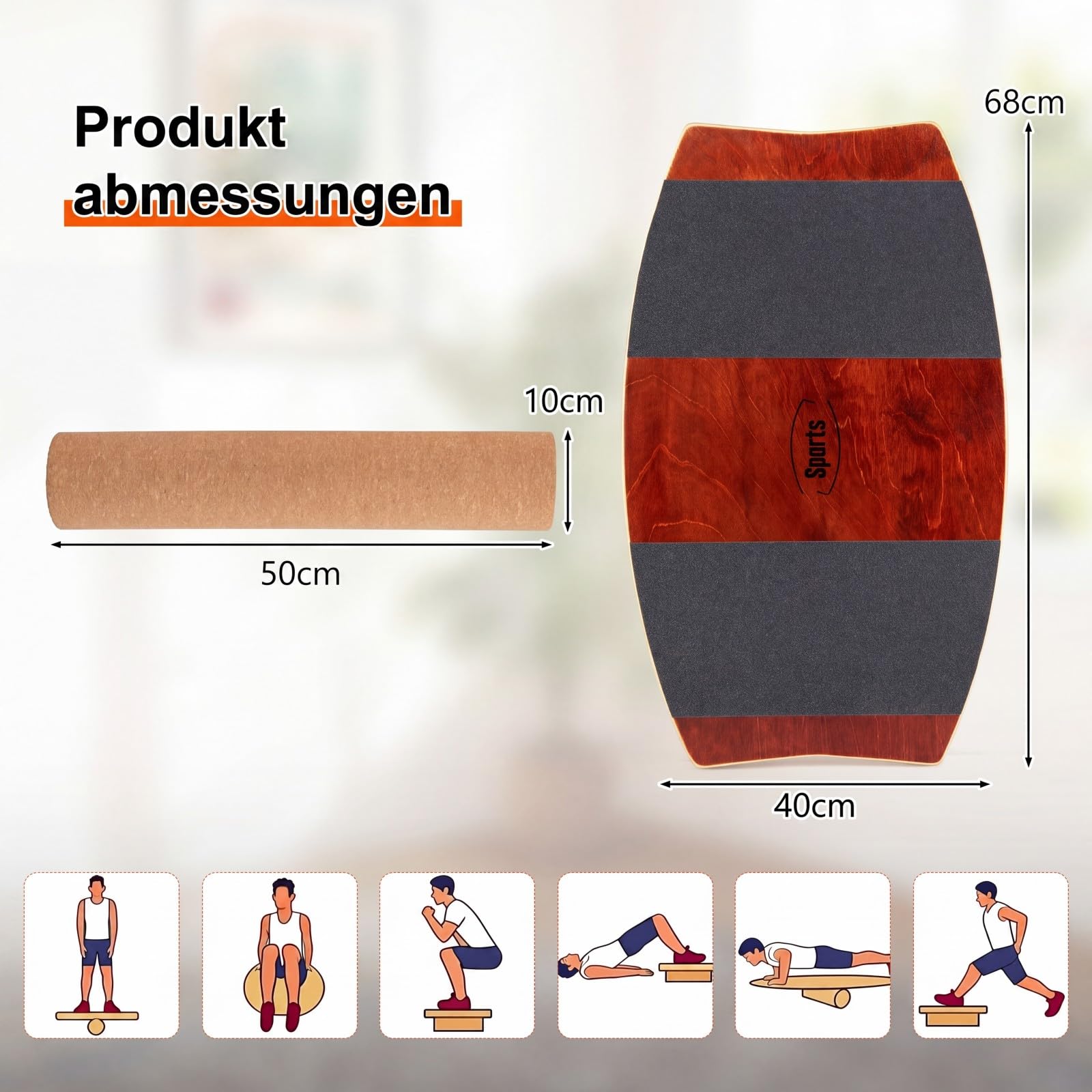 COSTWAY Balance Board aus Birkenholz, 15 mm dickes Wackelbrett + 10 cm Korkrolle, Balance Trainer für Kinder & Erwachsene, Surfboard indoor, Gleichgewichtstrainer für Zuhause, Outdoor