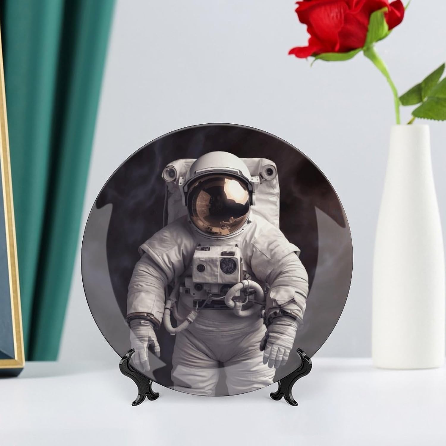 Astronaut Bone China Decorative Plate with Display Stand, Ceramic Ornaments Plate for Wall Hanging, Personalized Porcelain Plates for Office, Living Room 8inch