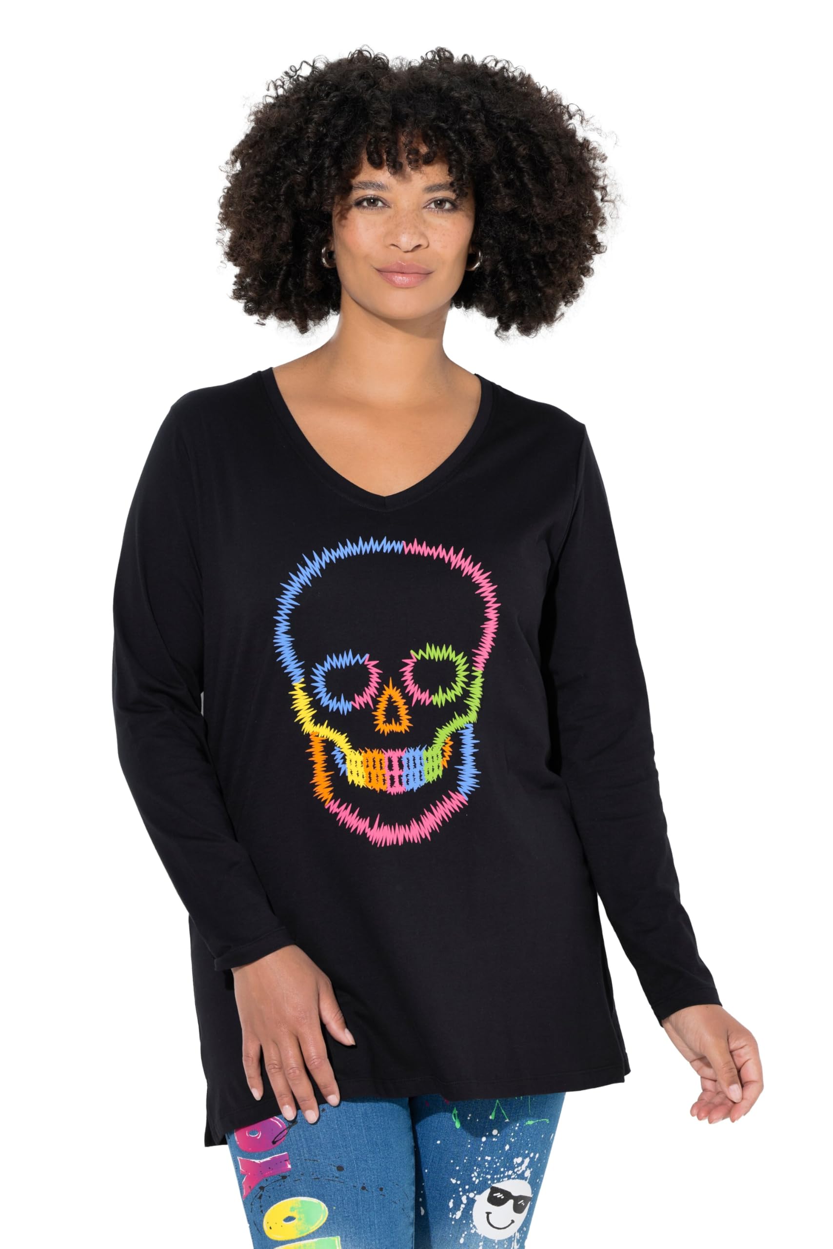 Angel of Style Damen große Größen Übergrößen Plus Size Langarmshirt, Bequeme Passform, farbige Totenkopf 845748