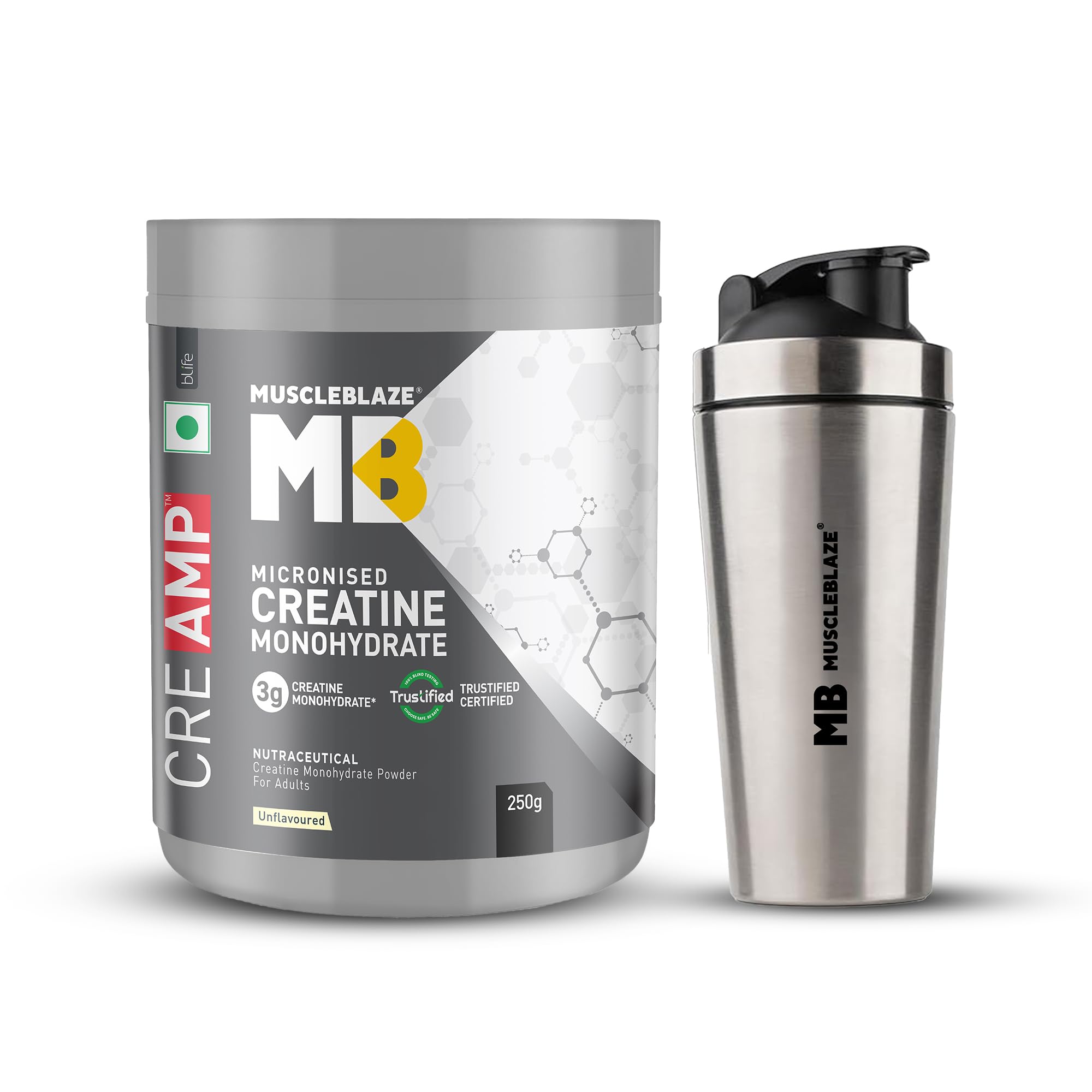 MuscleBlaze Micronised Creatine Monohydrate CreAMP Powder, Unflavoured (250g) + Stainless Steel Gym Shaker (700ml)-image-40